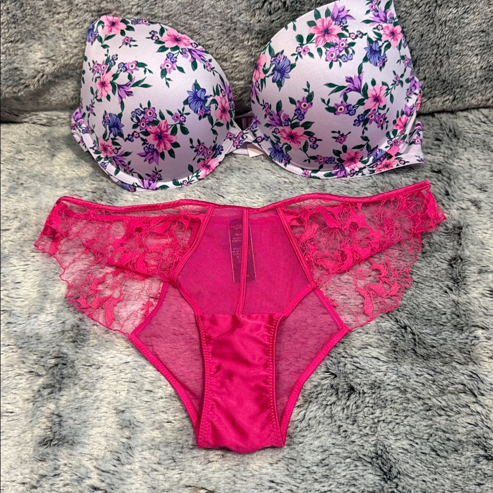 Victorias Secret Floral and Pink Lace Bra Set
